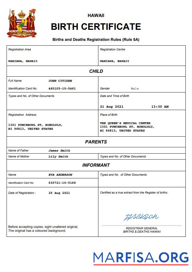Blank Hawaii birth certificate Word and PDF template
